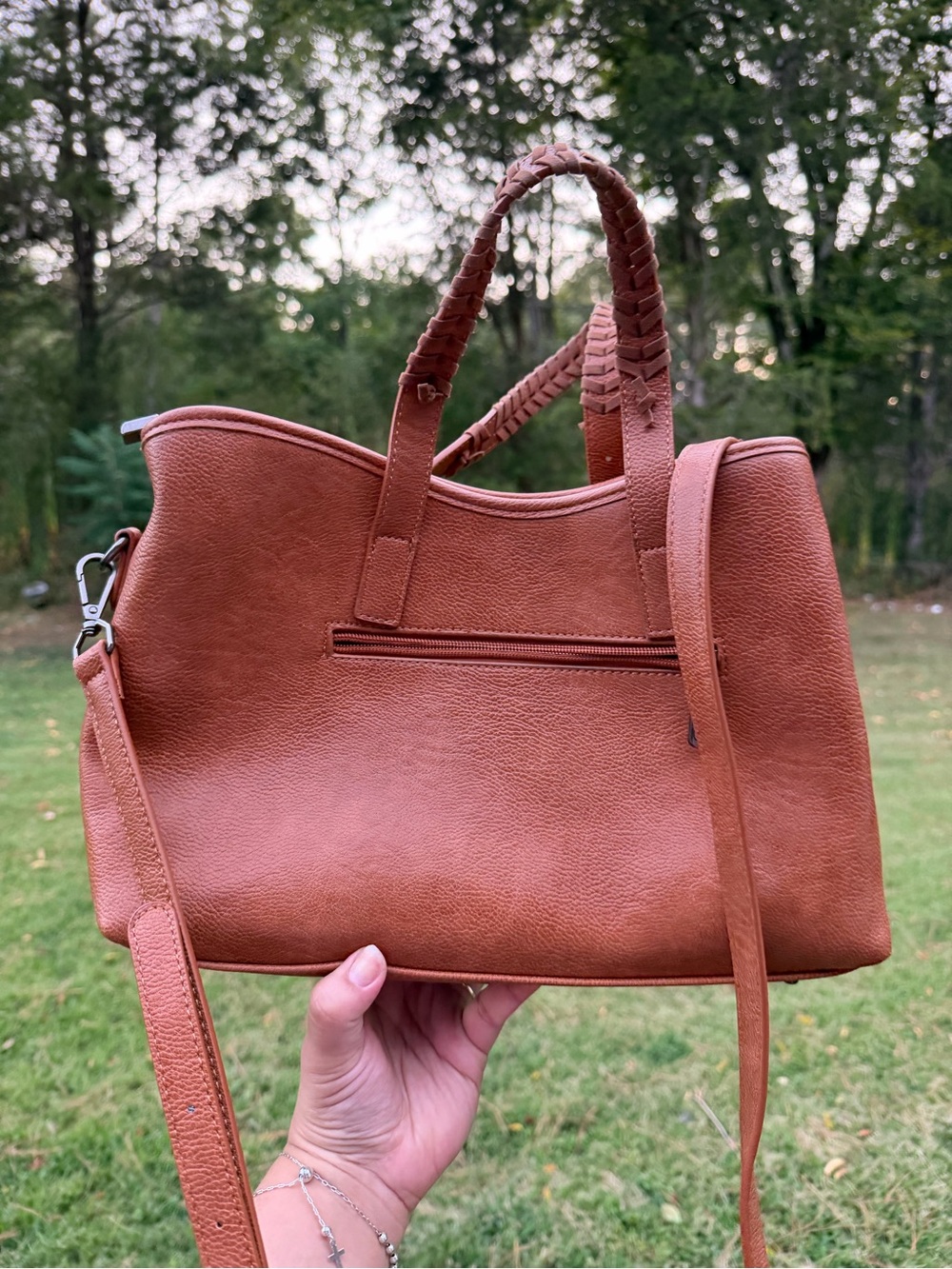 Wrangler Tan Shoulder Tote with Braided Handles and Charm - Picture 4 of 5